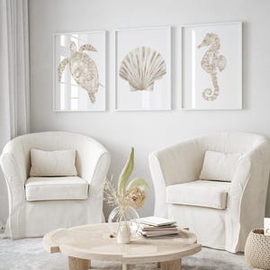 Set of 3 Light Beige Coastal Prints – Turtle, Seahorse and Shell Watercolor Art