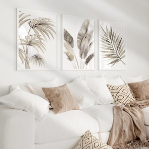 Earthy Tones Tropical Leaves – Monstera and Palm Neutral Wall Art Set