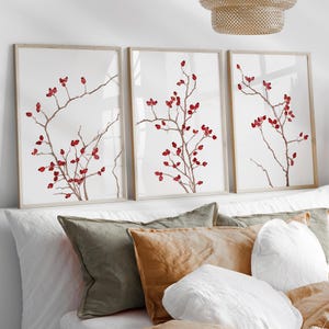 Rode aquarelkunst, wilde rozenbottels set van 3 prenten, rozentakken, minimalistisch muurdecor, botanische prenten, schilderij rode bessen, boerderij