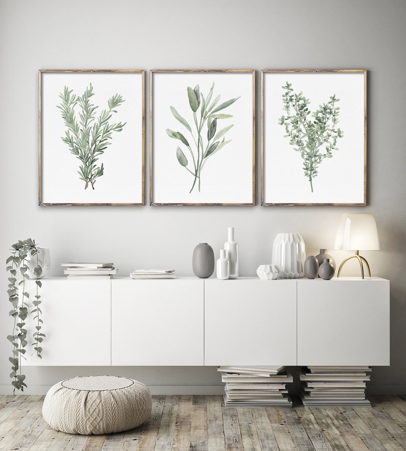 Erbe da cucina ad acquerello, timo, salvia, rosmarino, set moderno di 3 stampe, grandi poster d'arte, verde ad acquerello, arte astratta botanica immagine 4