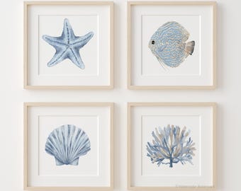 Coastal & Beach Wall Art Set of 4 Prints – Blue Ocean Decor with Starfish, Fish, Coral, Shell – Sea Life Prints for Bedroom or Living Room