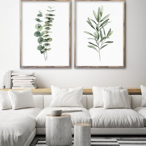 Eucalipto verde e ramo d'ulivo, set di 2 stampe ad acquerello, decorazione murale minimalista, stampa botanica, pittura floreale, stampa verde moderna immagine 3