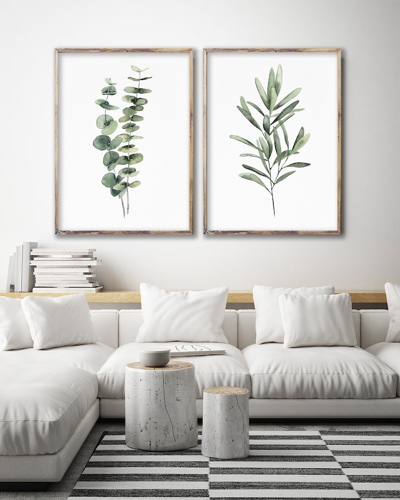 Green Eucalyptus & Olive Branch, Watercolor Set of 2 Prints, Minimalist Wall Decor, Botanical Print, Floral Painting, Modern Greenery Print image 3