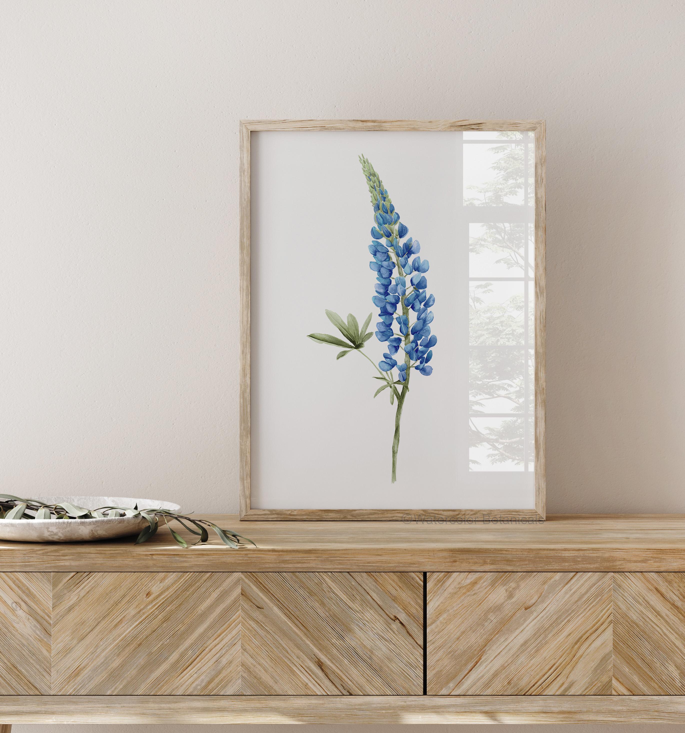 水彩画　ルピナス畑と青い海　値段は※900円です ルピナスの花のプリント - 絵画、青い水彩画の植物装飾、モダンな農家
