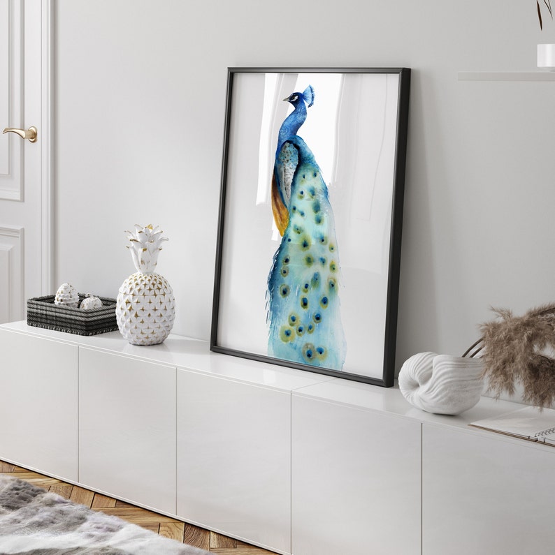 Watercolor Peacock Painting, Modern Abstract Bird Illustration, Minimalist Drawing, Bird of Paradise, Gift Idea, Extra Large Fine Art Poster image 5