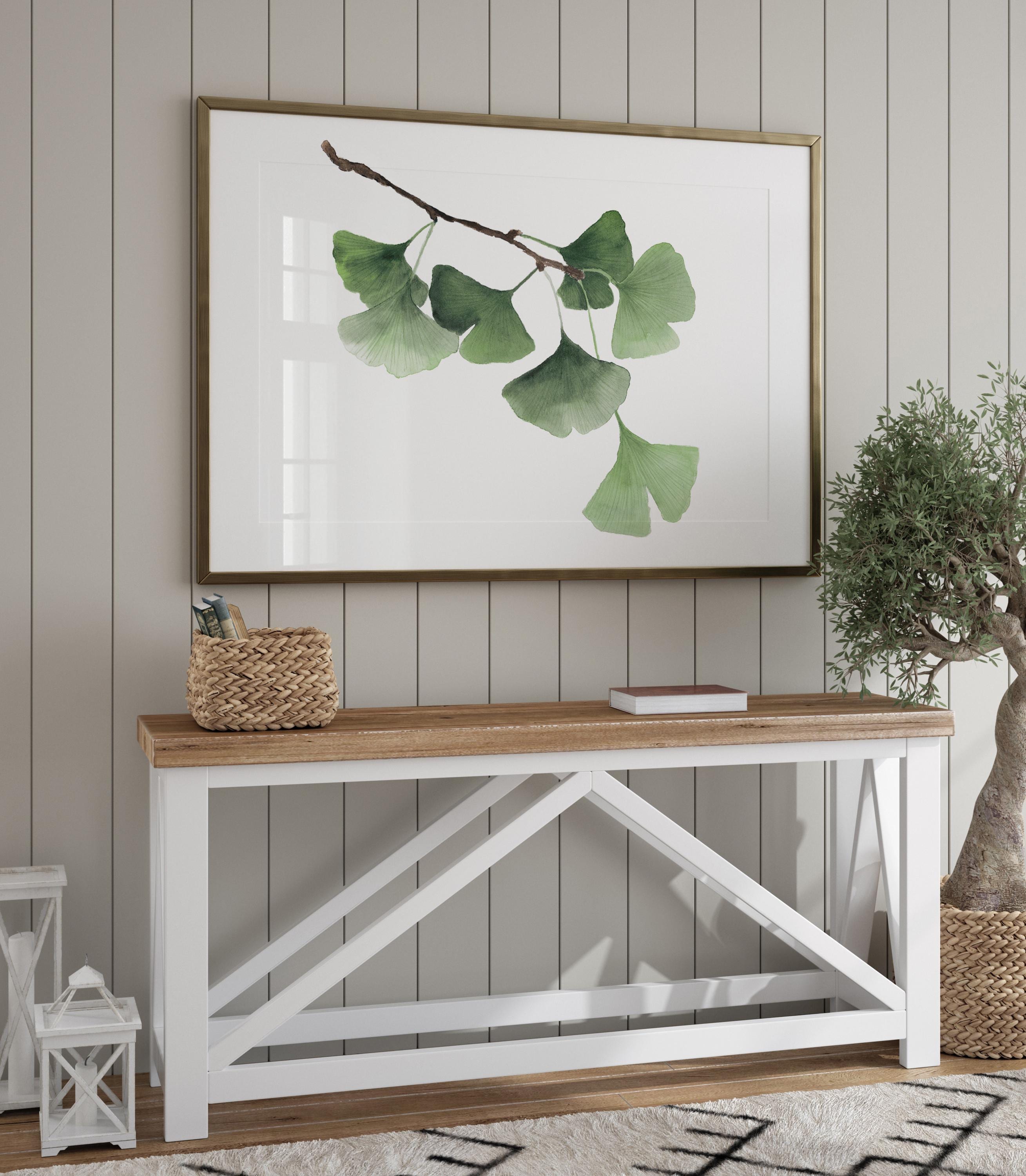 Horizontal Ginkgo Branch Wall Art – Japandi Style Watercolor Print Botanical Tree Illustration, Minimalist Nature Decor for Modern Interiors