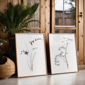 Black Wall Decor - Wild Flowers Minimalist Flower Dried Meadow Flowers Set of 2 Prints Flower Illustration Botanical Print Nursery Art