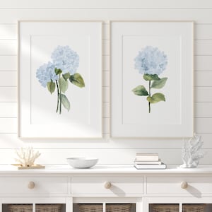 Minimalist Blue Hydrangea Watercolor Prints – Minimalist Floral Wall Art, Elegant Girl’s Room & Bedroom Decor, Set of 2