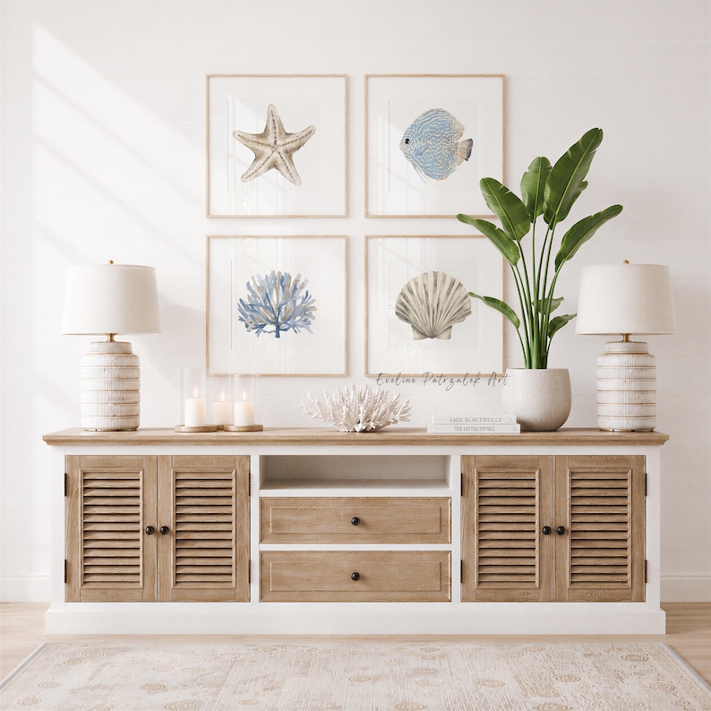 Coastal Wall Art Set of 4 Prints, Beach Ocean Wall Art With Starfish ...