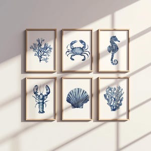 Set of 6 Nautical Prints – Hand-Painted Sea Life Art, Watercolor Corals, Shells & Seaweed, Coastal Wall Decor