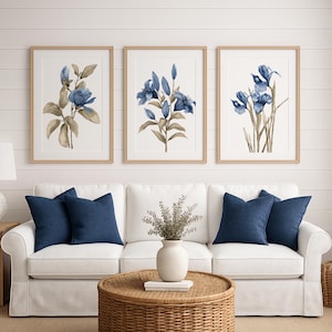 Spring Hamptons Flowers Art, Watercolor Wall Decor, Set of 3 Prints, Navy Blue Indigo Taupe Plants, Fine Art, Spring Flowers, Botanicals