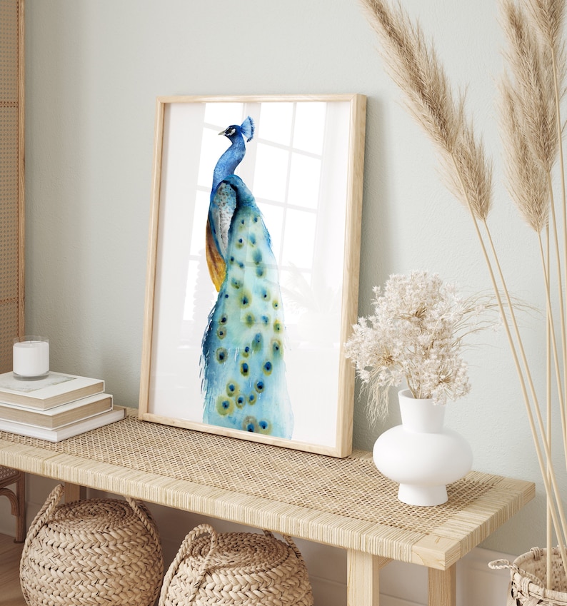 Aquarell Pfau Malerei, moderne abstrakte Vogel Illustration, minimalistische Zeichnung, Paradiesvogel, Geschenkidee, extra große Kunst Poster Bild 3