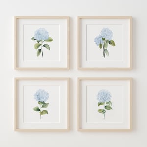 Set di 4 stampe di ortensie acquerellate - Set di 4 stampe floreali minimaliste, decorazioni murali costiere ariose, elegante arte per la cameretta ispirata agli Hamptons,