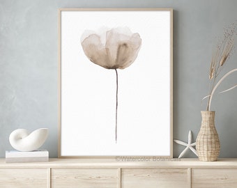 Watercolor Beige Gray Minimalist Abstract Flower Botanical Print Floral Room Decor Plant Baby Nursery Berdroom Poppy Poppies Nature Art
