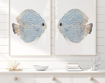 Pesce disco astratto, set di 2 stampe, decorazione murale costiera moderna, opera d'arte ad acquerello, animali marini, arte della casa sulla spiaggia, dipinto di pesce azzurro