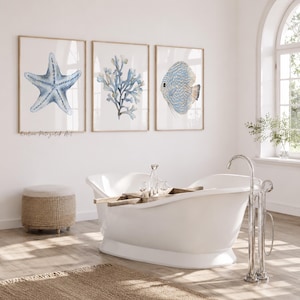 Coastal Wall Art Set of 3 – Ocean Fish, Coral & Starfish Beach House ...