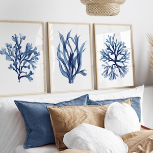 Dark Blue Coastal Wall Art - Corals & Seaweed Prints, Ocean Botanical Decor, Watercolor Marine Artwork, Nautical Beach House, Set of 3