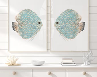 Peces abstractos color turquesa – Juego de 2 láminas / Arte mural costero minimalista / Pósteres de arte moderno / Decoración oceánica de verano para el hogar y la casa de playa