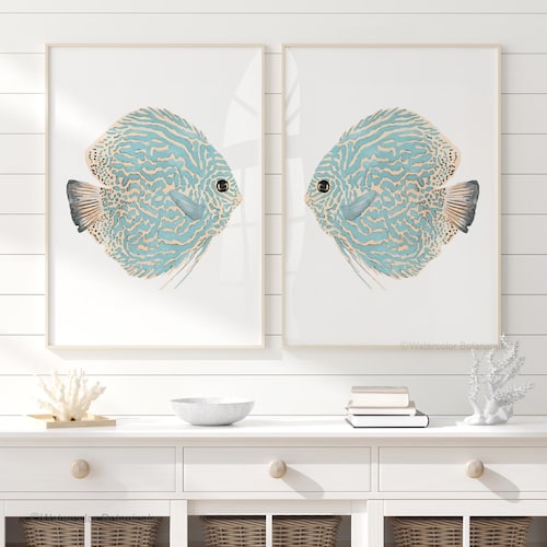 Poisson abstrait bleu sarcelle – Lot de 2 impressions | Art mural côtier minimaliste | Affiches beaux-arts modernes | Décoration océan estival pour la maison et la maison de plage