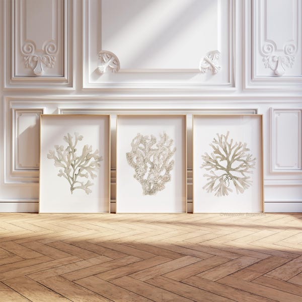 Beige Coral Prints – Neutral Watercolor Wall Art Set – Modern Coastal Decor - Set of 3