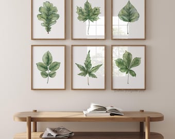Arte de parede com folhas verdes em aquarela – Conjunto de 6 impressões botânicas - Decoração de parede com natureza