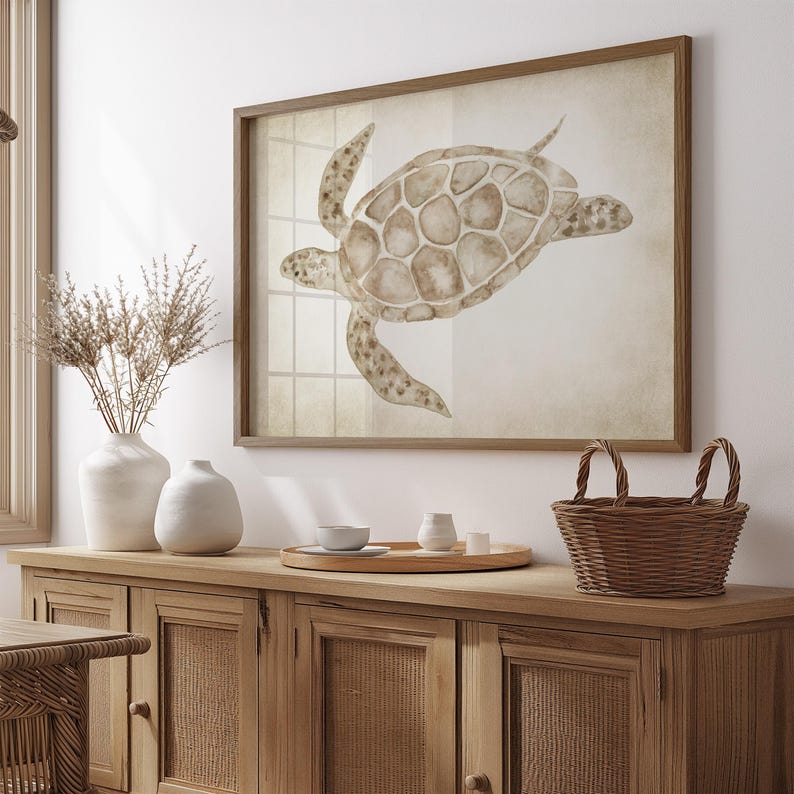Watercolor Turtle Modern Coastal Wall Decor Nautical Art Print Beige Light Sea Life Painting Nature Wall Decor Beach House Wall Decor Summer image 1