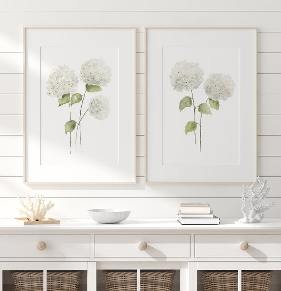 アナベル・アジサイの花 – 水彩画風植物画2枚セット、ミニマルな白い