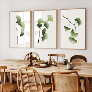 Set with Ginkgo Branches - Set of 3 Prints – Minimalist Green Botanical Wall Art, Watercolor Nature Decor for Zen-Inspired Interiors