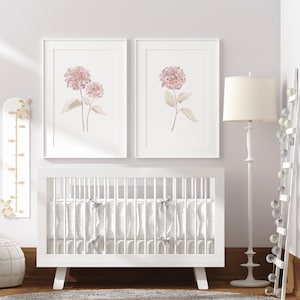 Baby Pink Hydrangea Duo, Set of 2 Minimalist Floral Prints, Soft Nursery Wall Art for Baby Girl’s Room