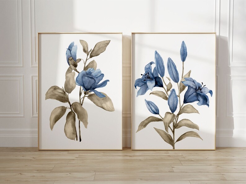 Floral Wall Decor Navy Blue Taupe Lily & Magnolia Spring - Etsy