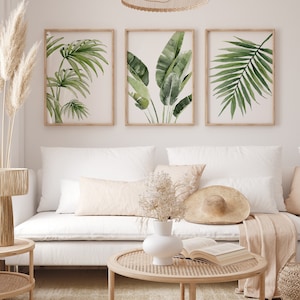 Vivid green tropical leaves on white background hang in wooden frames above a couch in a modern living room in a coastal boho style.