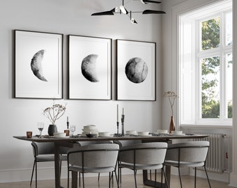 Moon Set of 3 Prints Watercolor Minimalist Painting Modern Abstract Wall Decor Bedroom Living Room Extra Large Wall Art Painting Gray Black