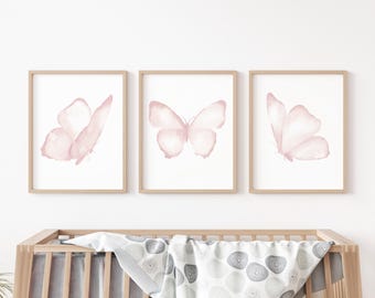 Blush Pink Butterfly Wall Art Set of 3 – Minimalist Watercolor Triptych, Soft Pastel Nursery or Girls Room Decor, Modern Insect Prints