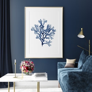 Corallo blu navy extra large e alghe marine, set di 3 stampe, decorazione murale costiera minimalista, arte moderna della casa sulla spiaggia ad acquerello, belle arti di Hamptons immagine 9