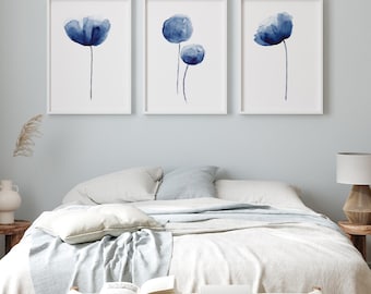 Indigo Abstract Poppies - Set of 3 Prints, Modern Room Wall Art