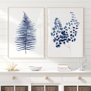 Navy Fern Minimalista Wabi Sabi Stampa Botanica Foglia Natura Arte Decorazione Minimalista per la Stanza, set di 2 stampe