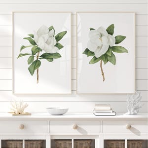 Grandi fiori di magnolia, coppia di acquerelli – set di 2 stampe, belle arti minimaliste, decorazioni murali floreali esotiche, arte botanica primaverile