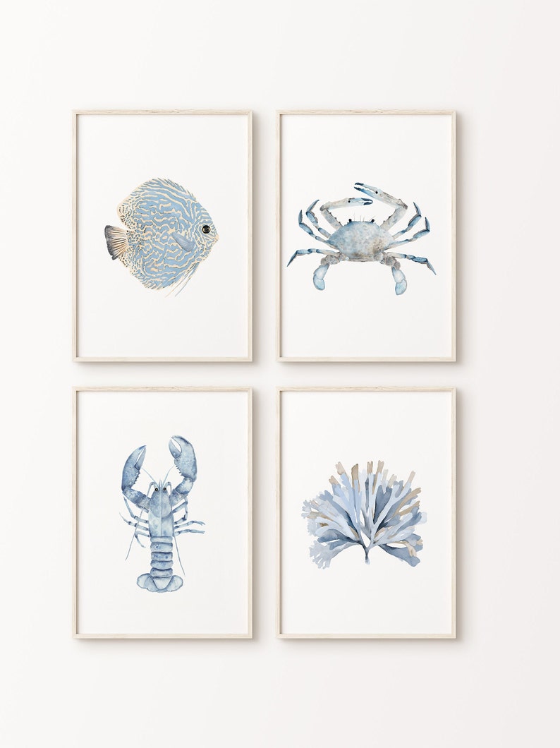 Coastal Watercolor Set of 4 Prints, Minimalist Wall Decor in Blue, Ocean Life Painting, Water Animals Poster, Beach House Artwork, Crab image 2