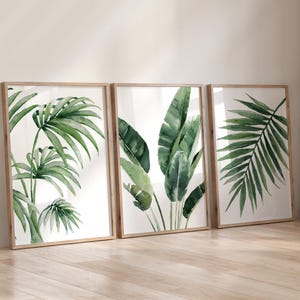 Foglie della giungla di smeraldo – Set di 3 stampe / Decorazione murale verde acqua / Illustrazione botanica / Arte costiera con foglie di banana e palma