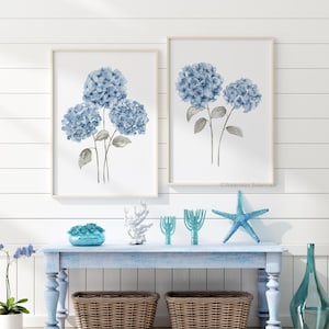 Royal Blue Hydrangea Wall Art Set of 2 – Watercolor Floral Prints, Blue & Gray Botanical Artwork for Modern or Coastal Home, Gift Idea