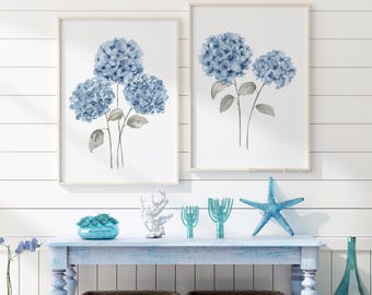 Coastal Cottage Hydrangea Prints – Set of 2 Soft Blue Floral Watercolor Art Gift Decor