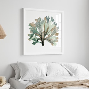 Dark Green Minimalist Seaweed Print – Extra Large Art Poster | Nautical Wall Decor | Teal Green & Taupe Ocean-Inspired Minimalist Artwork