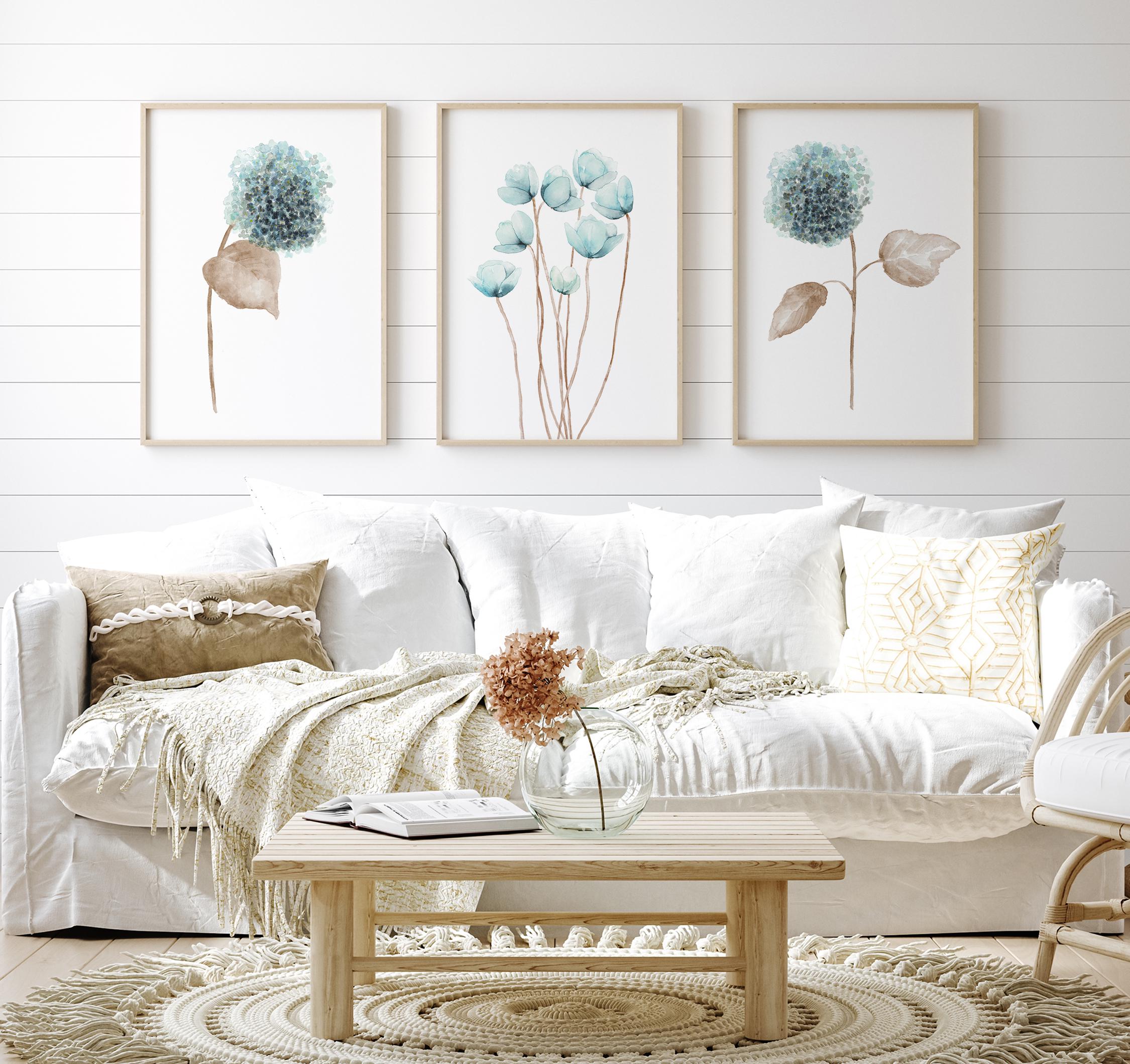 Turquoise Blue Floral Prints – Set of 3 Watercolor Hydrangea