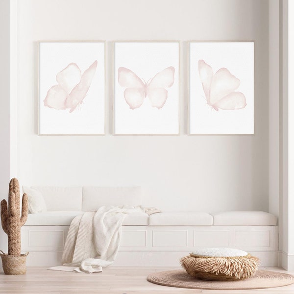 Impression d'art papillon, plume rose et or rose, décoration de chambre de bébé fille, illustration pour enfants, lot de 3 impressions papillon aquarelle