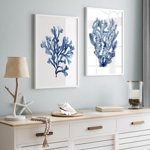 Seaweed Coral Prints - Minimalist Navy Blue Wall Art, Watercolor Marine Decor, Nautical Fine Art for Beach House, Set of 2