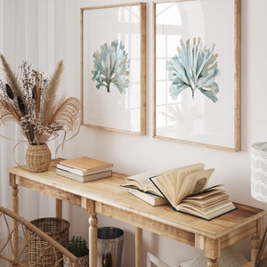 minimalist set of 2 prints depicting 2 corals in teal against white background hang above a console table in a modern farmhouse foyer above console table