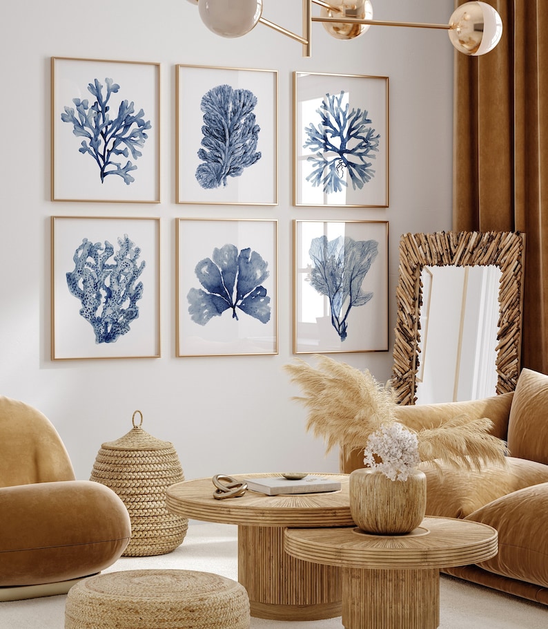 Corals Navy Blue Minimalist Set of 6 Prints Nautical Etsy