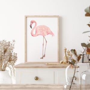 Stampa ad acquerello di fenicotteri - Arte murale minimalista con uccelli, illustrazione di animali tropicali, decorazione per cameretta o per la costa, stile boho-chic.