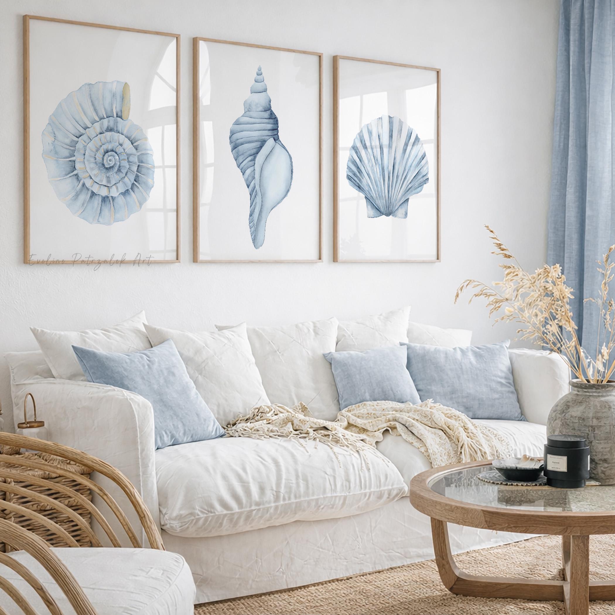 Blue Coastal Shell Wall Art Set of 3 – Ammonite Conch Scallop – Beach ...