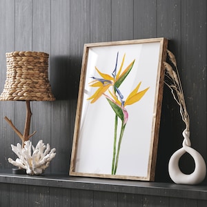 Akvarell Sterlicia-blommor, Paradisfågel, Minimalistisk väggdekor, Tropiska växter, Exotisk botanisk konst, Modern målning